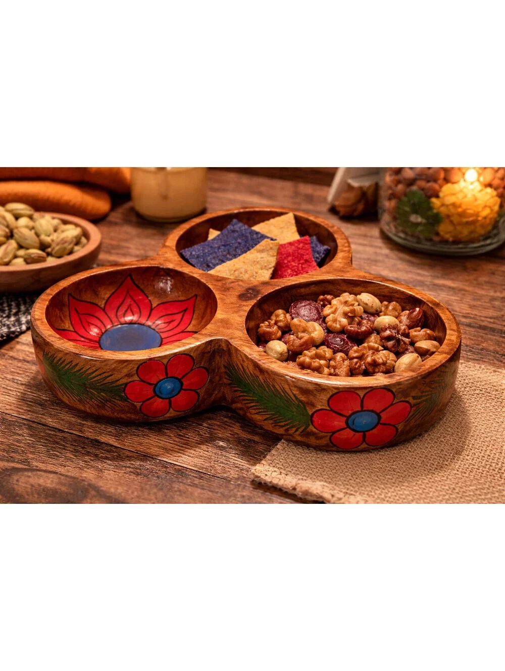 Vintage Hand Carved Mexican Wooden Divided Serving Dish 3 Bowl Floral Folk Art